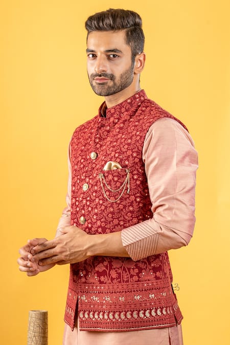 Buy_Soniya G_Red Fabric Thread Work Bundi And Kurta Set_Online_at_Aza_Fashions