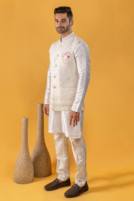 Soniya G_White Silk Lucknowi Thread Work Bundi And Kurta Set_Online_at_Aza_Fashions
