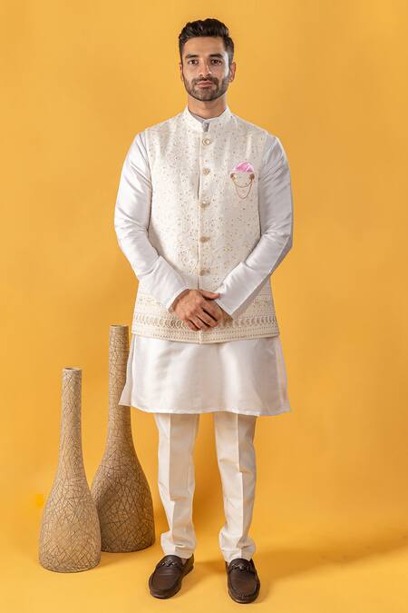 Buy_Soniya G_White Silk Lucknowi Thread Work Bundi And Kurta Set_Online_at_Aza_Fashions