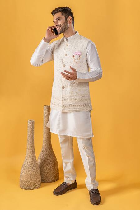 Shop_Soniya G_White Silk Lucknowi Thread Work Bundi And Kurta Set_Online_at_Aza_Fashions