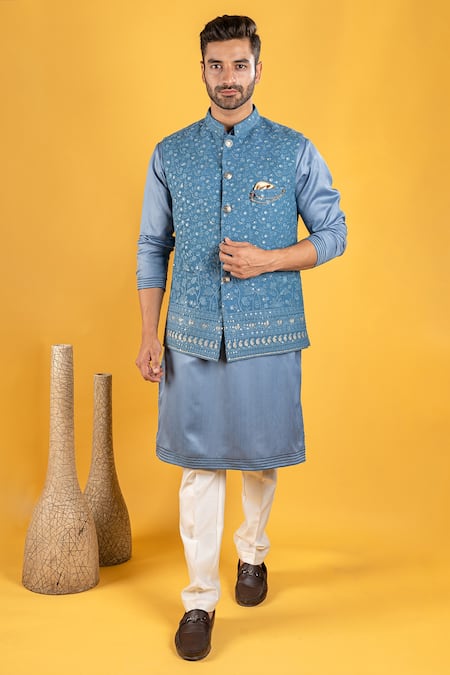 Soniya G Blue Fabric Embroidered Thread Work Bundi And Kurta Set 