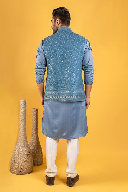 Shop_Soniya G_Blue Fabric Thread Work Bundi And Kurta Set_at_Aza_Fashions