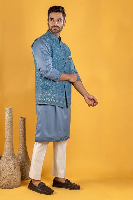 Soniya G_Blue Fabric Thread Work Bundi And Kurta Set_Online_at_Aza_Fashions