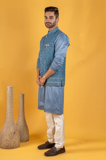 Buy_Soniya G_Blue Fabric Thread Work Bundi And Kurta Set_Online_at_Aza_Fashions
