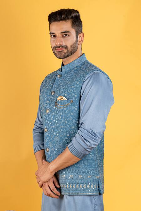 Shop_Soniya G_Blue Fabric Thread Work Bundi And Kurta Set_Online_at_Aza_Fashions