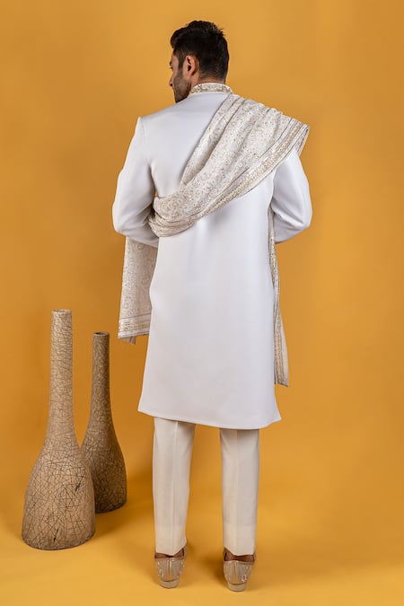 Shop Soniya G White Crepe Floral Sherwani Set With Embroidered Stole at Aza Fashions Shop_Soniya G_White Crepe Floral Sherwani Set With Embroidered Stole_at_Aza_Fashions