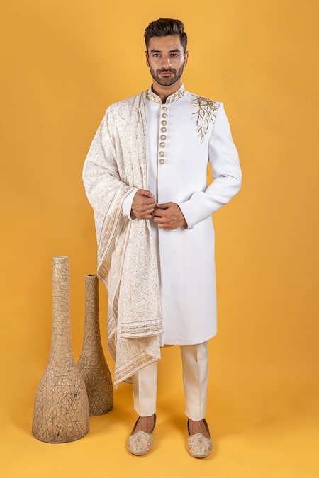 Soniya G White Crepe Floral Sherwani Set With Embroidered Stole Online at Aza Fashions Soniya G_White Crepe Floral Sherwani Set With Embroidered Stole_Online_at_Aza_Fashions