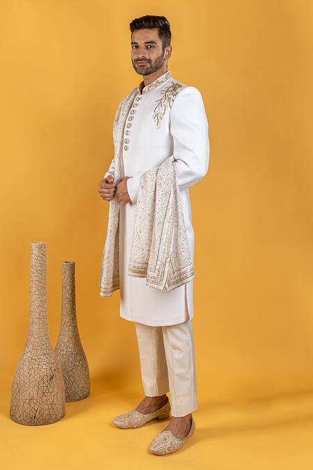 Buy Soniya G White Crepe Floral Sherwani Set With Embroidered Stole Online at Aza Fashions Buy_Soniya G_White Crepe Floral Sherwani Set With Embroidered Stole_Online_at_Aza_Fashions