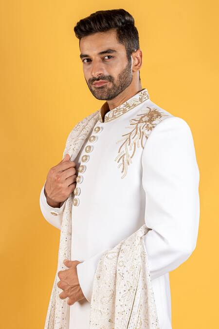 Shop Soniya G White Crepe Floral Sherwani Set With Embroidered Stole Online at Aza Fashions Shop_Soniya G_White Crepe Floral Sherwani Set With Embroidered Stole_Online_at_Aza_Fashions