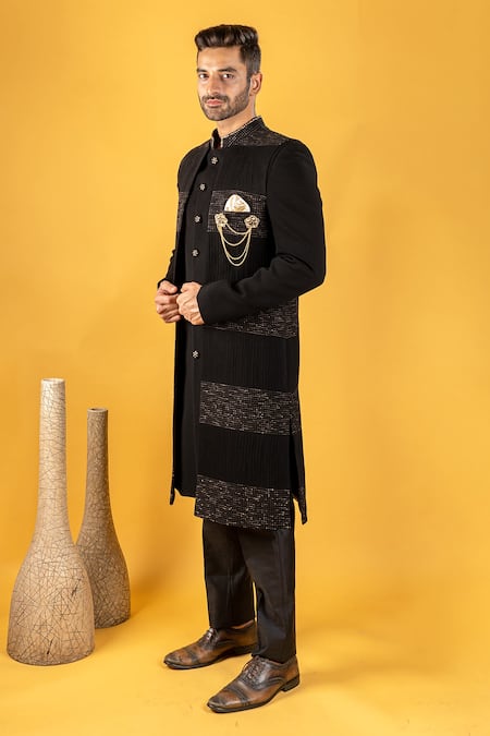 Soniya G_Black Crepe Geometric Printed Jacket And Sherwani Set_Online_at_Aza_Fashions