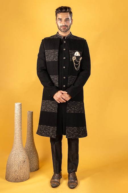 Buy_Soniya G_Black Crepe Geometric Printed Jacket And Sherwani Set_Online_at_Aza_Fashions