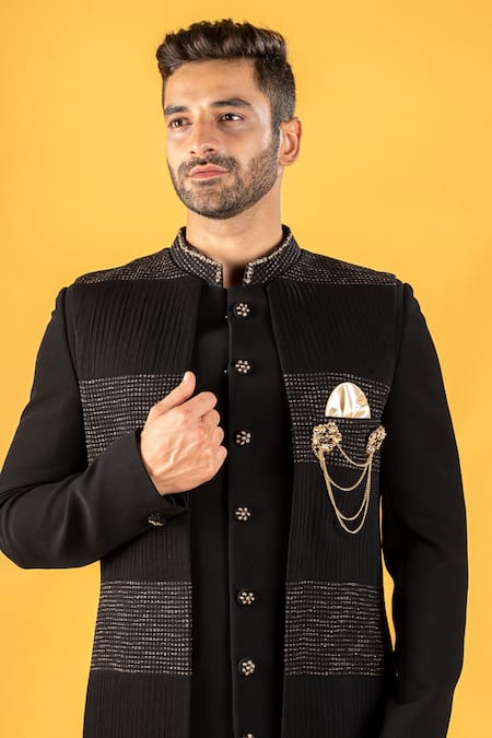 Shop_Soniya G_Black Crepe Geometric Printed Jacket And Sherwani Set_Online_at_Aza_Fashions