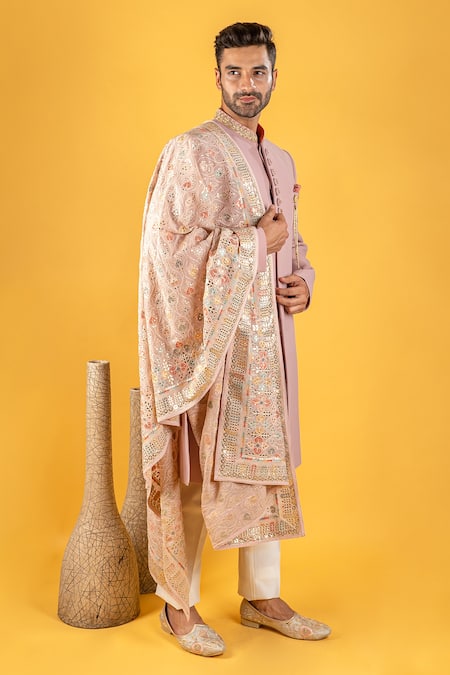 Soniya G_Pink Crepe Floral Sherwani Set With Embroidered Stole_Online_at_Aza_Fashions