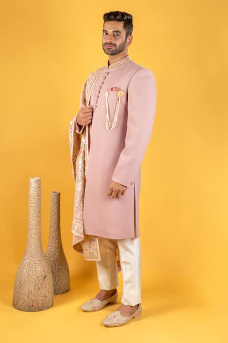Buy_Soniya G_Pink Crepe Floral Sherwani Set With Embroidered Stole_Online_at_Aza_Fashions