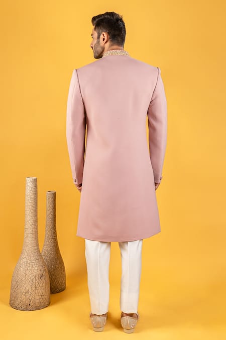 Shop_Soniya G_Pink Crepe Floral Sherwani Set With Embroidered Stole_Online_at_Aza_Fashions