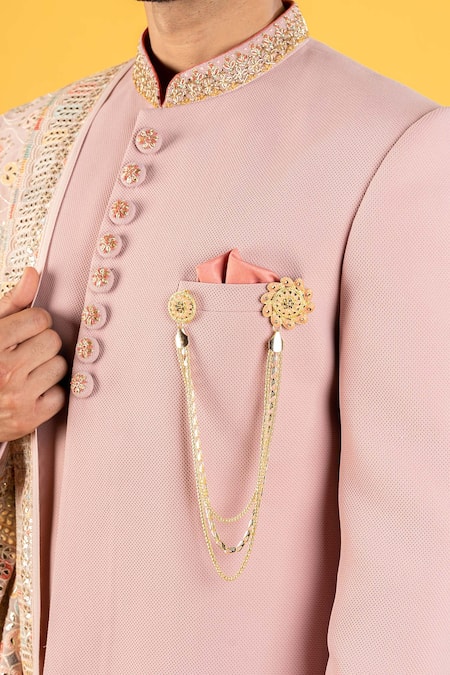 Soniya G_Pink Crepe Floral Sherwani Set With Embroidered Stole_at_Aza_Fashions