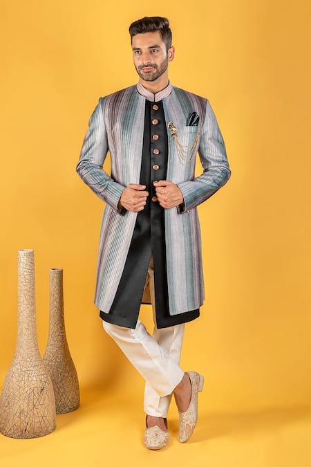 Soniya G Multi Color Suede Sequin Striped Jacket And Sherwani Set 