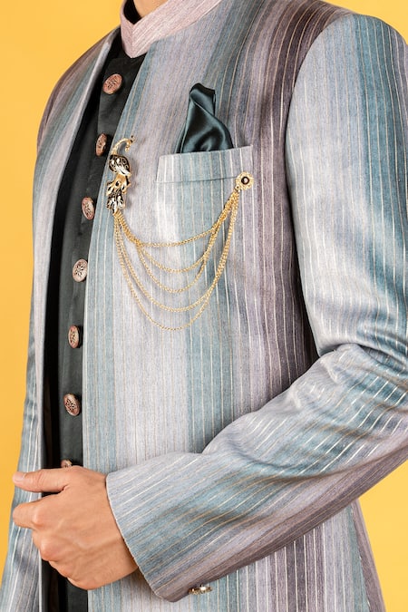Buy_Soniya G_Multi Color Suede Sequin Striped Jacket And Sherwani Set_Online_at_Aza_Fashions