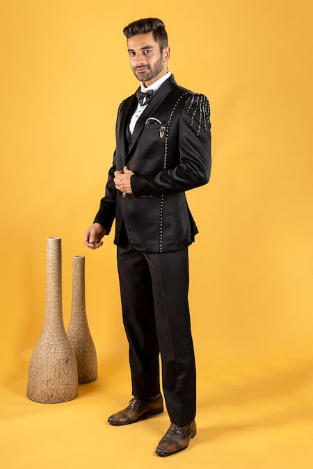 Soniya G_Black Satin Panelled Tuxedo Pant Set_Online_at_Aza_Fashions