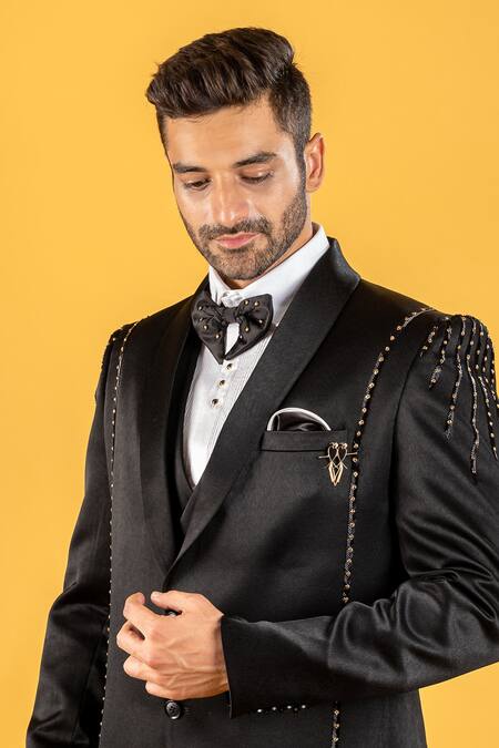 Buy_Soniya G_Black Satin Panelled Tuxedo Pant Set_Online_at_Aza_Fashions