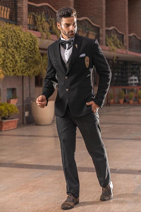 Soniya G_Black Crepe Shawl Lapel Tuxedo Pant Set_Online_at_Aza_Fashions