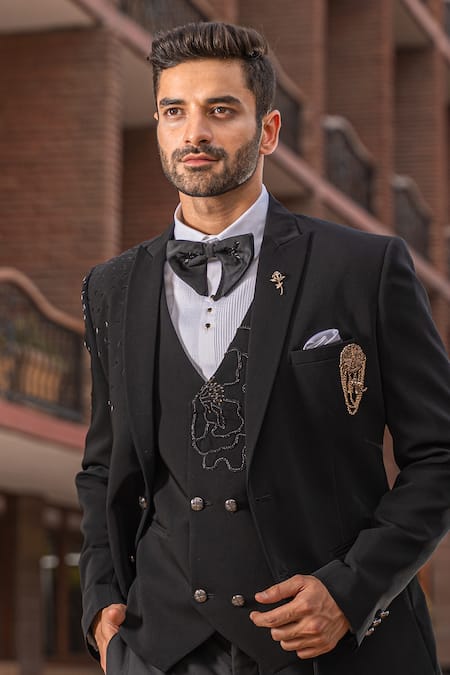 Buy_Soniya G_Black Crepe Shawl Lapel Tuxedo Pant Set_Online_at_Aza_Fashions