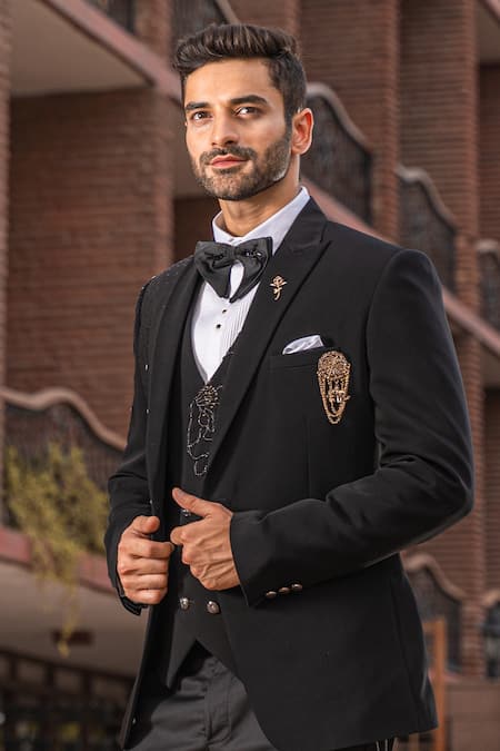 Shop_Soniya G_Black Crepe Shawl Lapel Tuxedo Pant Set_Online_at_Aza_Fashions