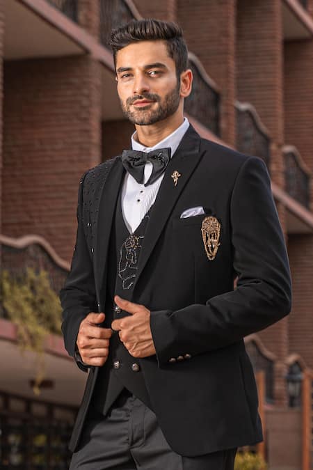 Soniya G_Black Crepe Shawl Lapel Tuxedo Pant Set_at_Aza_Fashions