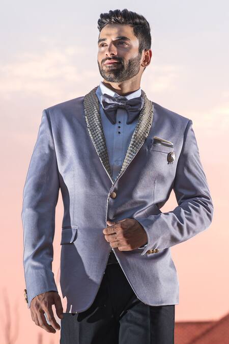 Shop Soniya G Grey Suede Sequin Shawl Lapel Tuxedo And Pant Set at Aza Fashions Shop_Soniya G_Grey Suede Sequin Shawl Lapel Tuxedo And Pant Set_at_Aza_Fashions