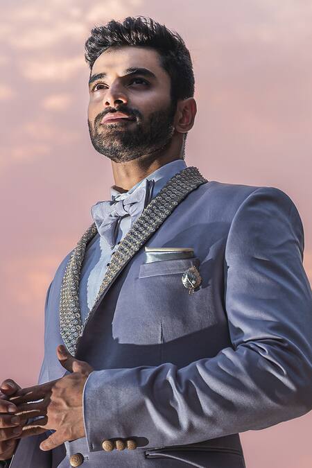 Soniya G Grey Suede Sequin Shawl Lapel Tuxedo And Pant Set Online at Aza Fashions Soniya G_Grey Suede Sequin Shawl Lapel Tuxedo And Pant Set_Online_at_Aza_Fashions