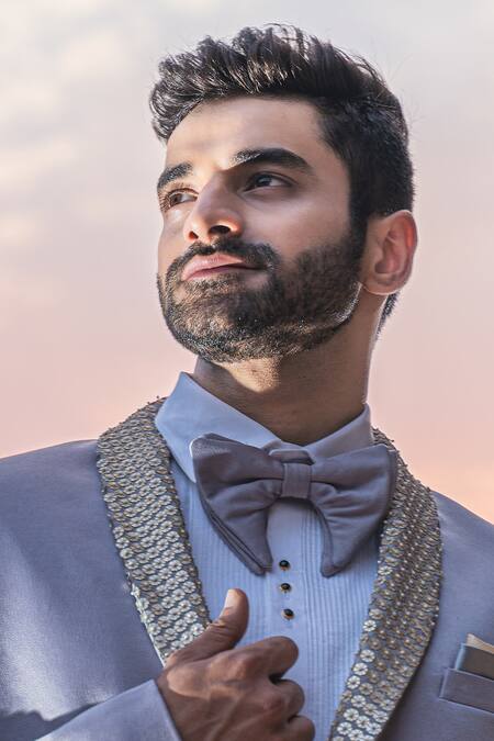 Soniya G Grey Suede Sequin Shawl Lapel Tuxedo And Pant Set at Aza Fashions Soniya G_Grey Suede Sequin Shawl Lapel Tuxedo And Pant Set_at_Aza_Fashions