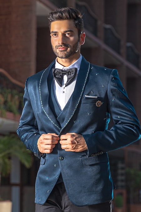 Soniya G_Blue Suede Embroidered Tuxedo And Pant Set_Online_at_Aza_Fashions