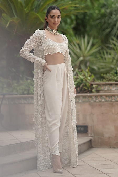 Ridhima Bhasin White Organza And Crepe Embellishment Pearl Round Jacket Pant Set 