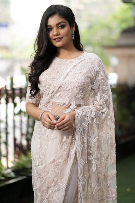 Buy Kalighata Peach Net Sequins Round Snow Embroidered Saree With Blouse Online at Aza Fashions Buy_Kalighata_Peach Net Sequins Round Snow Embroidered Saree With Blouse _Online_at_Aza_Fashions