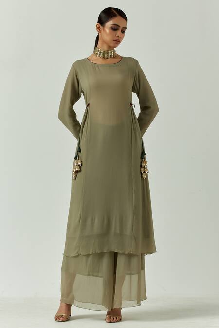 The Indian Cause_Green Chiffon Saba Straight Tunic_Online_at_Aza_Fashions