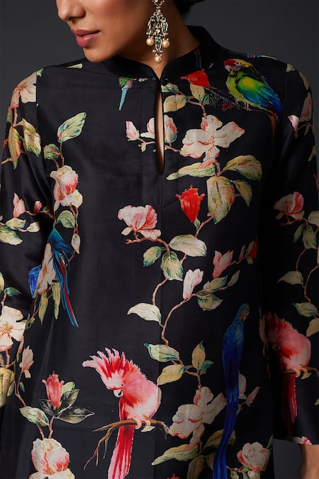 Balance By Rohit Bal_Black Cotton, Chanderi Silk Bird, Floral Mandarin Collar Kurta And Palazzo Set _Online_at_Aza_Fashions