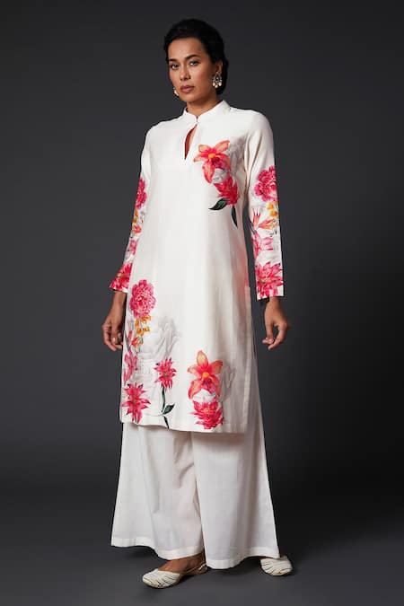 Balance by Rohit Bal White Chanderi Silk Printed Floral Mandarin Collar Kurta And Palazzo Set 