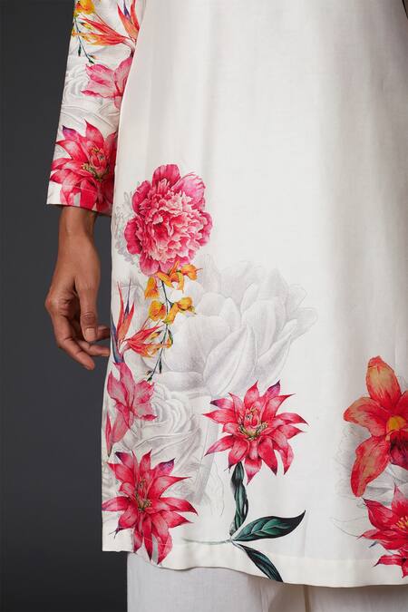 Balance By Rohit Bal_White Cotton, Chanderi Silk Floral Mandarin Collar Printed Kurta And Palazzo Set _Online_at_Aza_Fashions