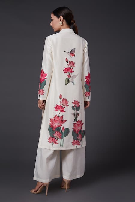 Shop_Balance By Rohit Bal_White Cotton, Chanderi Silk Floral Mandarin Collar Printed Kurta And Palazzo Set _at_Aza_Fashions