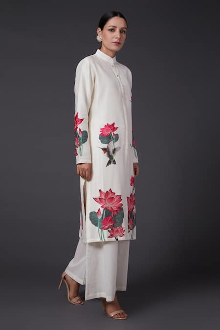 Balance By Rohit Bal_White Cotton, Chanderi Silk Floral Mandarin Collar Printed Kurta And Palazzo Set _Online_at_Aza_Fashions