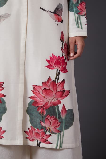 Buy_Balance By Rohit Bal_White Cotton, Chanderi Silk Floral Mandarin Collar Printed Kurta And Palazzo Set _Online_at_Aza_Fashions