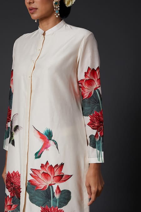 Balance By Rohit Bal_White Cotton, Chanderi Silk Bird, Floral Mandarin Collar Kurta And Palazzo Set _Online_at_Aza_Fashions