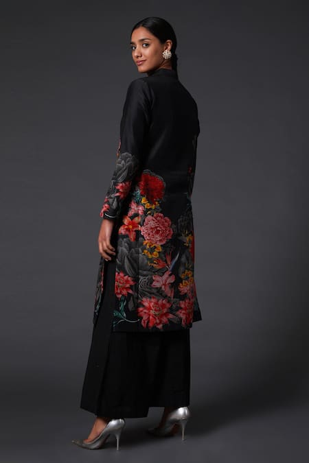 Shop_Balance By Rohit Bal_Black Cotton, Silk Chanderi Floral Mandarin Collar Kurta And Palazzo Set _at_Aza_Fashions
