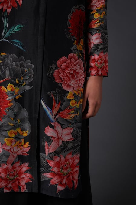 Balance By Rohit Bal_Black Cotton, Silk Chanderi Floral Mandarin Collar Kurta And Palazzo Set _Online_at_Aza_Fashions
