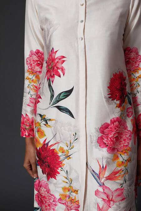 Balance By Rohit Bal_White Cotton, Silk Chanderi Floral Mandarin Collar Kurta And Palazzo Set _Online_at_Aza_Fashions