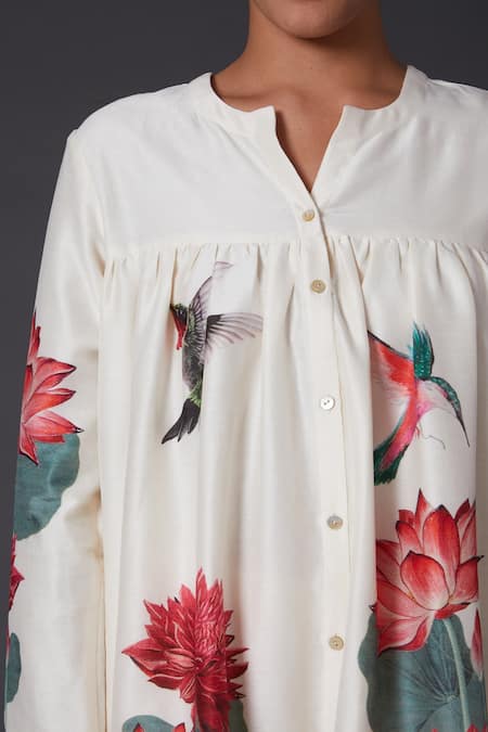Balance By Rohit Bal White Cotton, Silk Chanderi Bird, Floral Notched Short Tunic Online at Aza Fashions Balance By Rohit Bal_White Cotton, Silk Chanderi Bird, Floral Notched Short Tunic _Online_at_Aza_Fashions