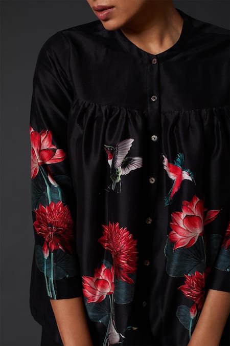 Balance By Rohit Bal_Black Cotton, Chanderi Silk Bird, Floral Round Short Tunic _Online_at_Aza_Fashions