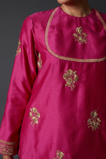 Balance By Rohit Bal Pink Cotton, Chanderi Silk Floral Round Short Tunic Online at Aza Fashions Balance By Rohit Bal_Pink Cotton, Chanderi Silk Floral Round Short Tunic _Online_at_Aza_Fashions