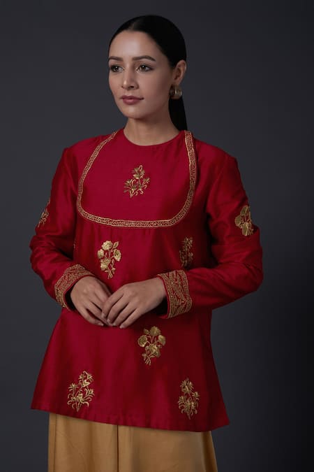 Balance by Rohit Bal Red Chanderi Silk Embroidered Floral Round Zari Work Tunic 