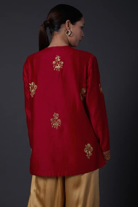 Shop Balance By Rohit Bal Red Cotton, Chanderi Silk Floral Round Zari Work Tunic at Aza Fashions Shop_Balance By Rohit Bal_Red Cotton, Chanderi Silk Floral Round Zari Work Tunic _at_Aza_Fashions